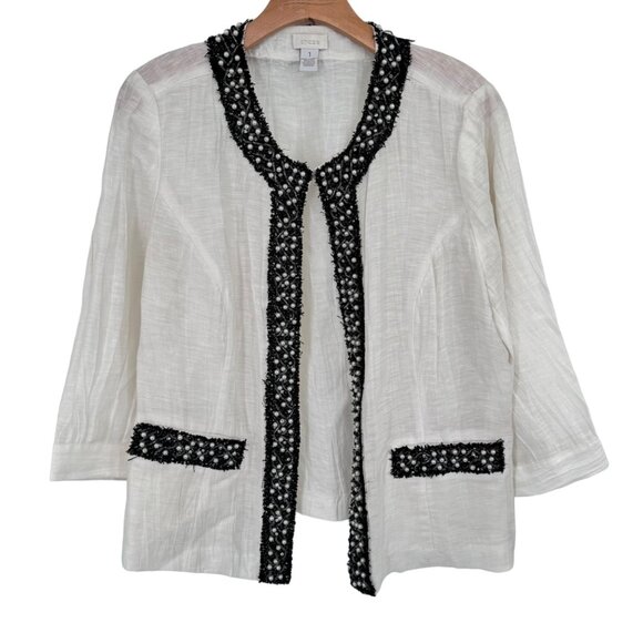 Chicos 1 Womens Linen Blend jacket Embellished black Trim Size medium - Picture 1 of 10